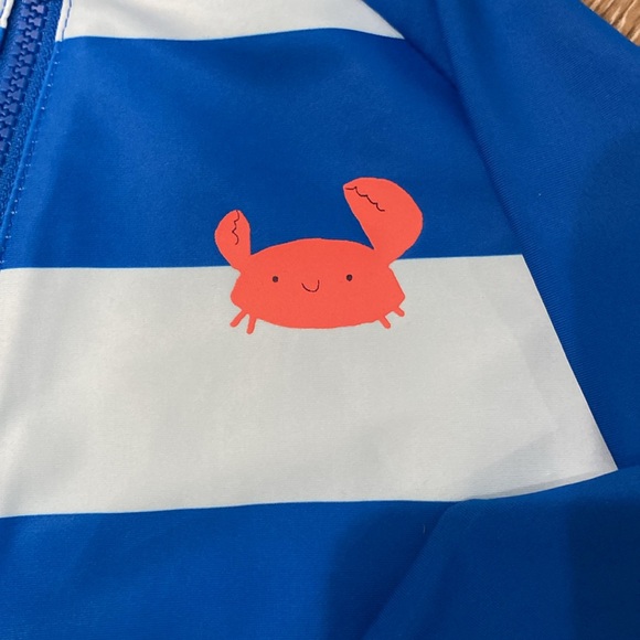 NEW!!! CARTER’S ONE PIECE LONG SLEEVED SWIMSUIT blue stripes w/ ted crab UPF 50+ - Picture 3 of 3